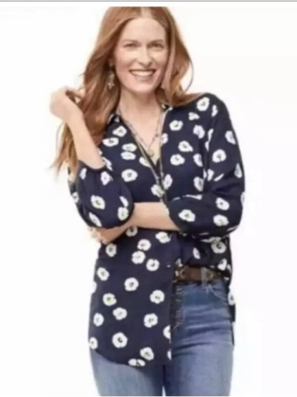 Cabi "Go To Button Up" Navy/White Floral Print 3/4 Sleeve Blouse SZ XS Runs Big
